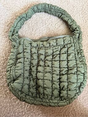 Quilted Olive Shoulder Bag with Ruched Strap